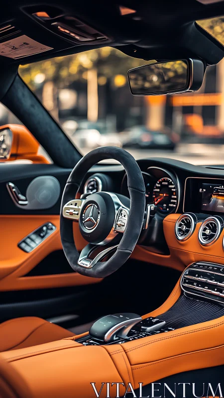 Mercedes cockpit with orange leather and shallow depth of field.
