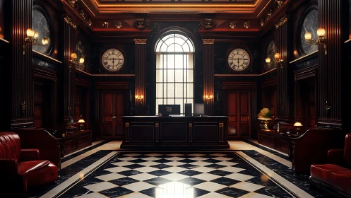 Grand hotel lobby wrapped in warm light and quiet charm.