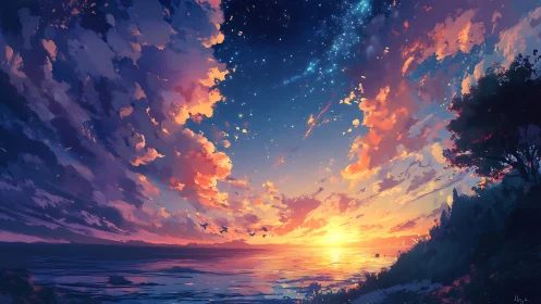 Sunset seascape merges glowing horizon and starry sky