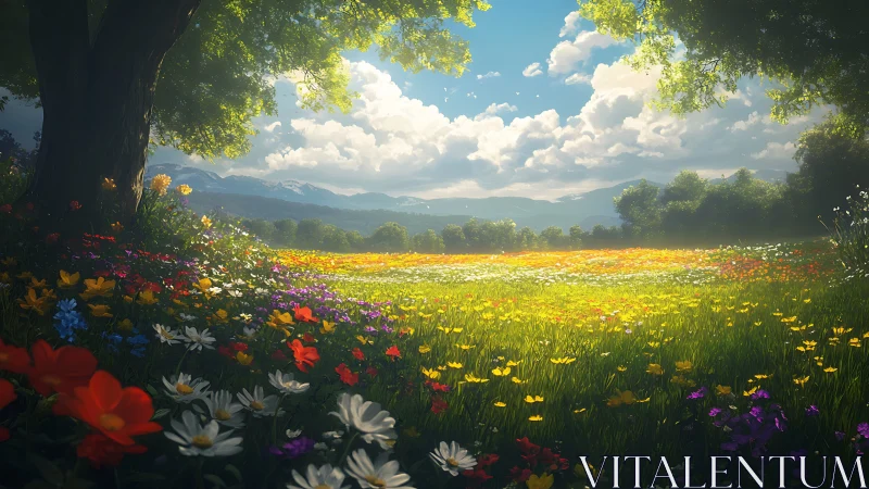 Sunlit wildflower meadow under expansive summer sky.