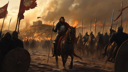 Armored cavalry commander leading medieval siege at burning keep