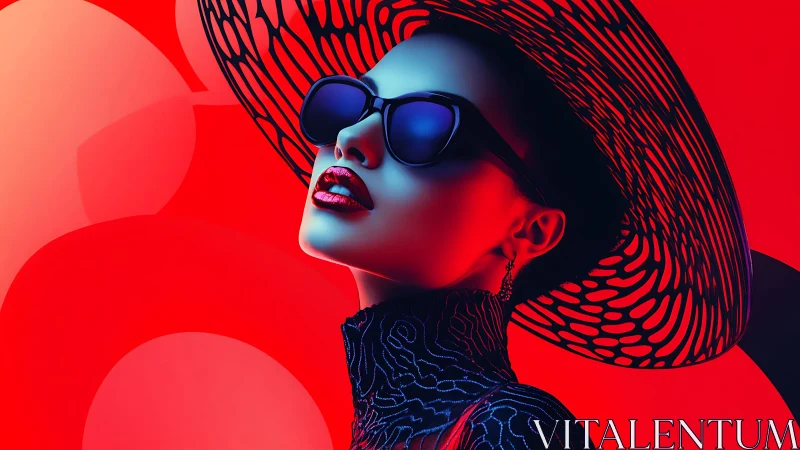 Bold neon fashion muse in oversized hat and sunglasses.