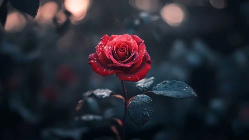 Crimson Rose with Rain Droplets Against Bokeh Background.