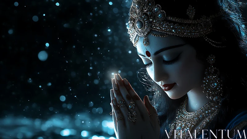 Digital painting of jeweled goddess in nocturnal devotional profile.
