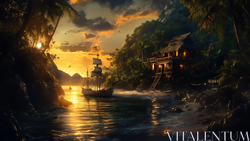 Pirate Ship in Tropical Cove at Golden Sunset.