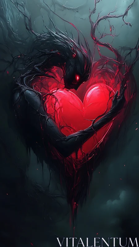 Shadow entity envelops a glowing heart in dark surreal space