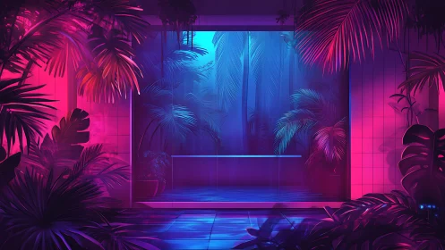 Neon lit tropical indoor garden with glass window view.