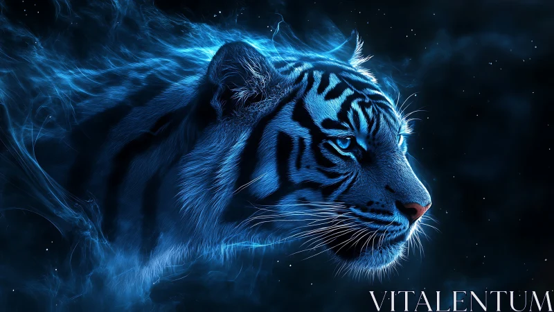 Cosmic blaze tiger drifting through electric midnight.