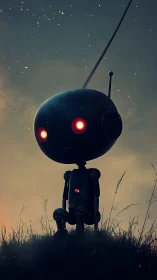 Solitary spherical-headed robot studies a luminous dusk sky