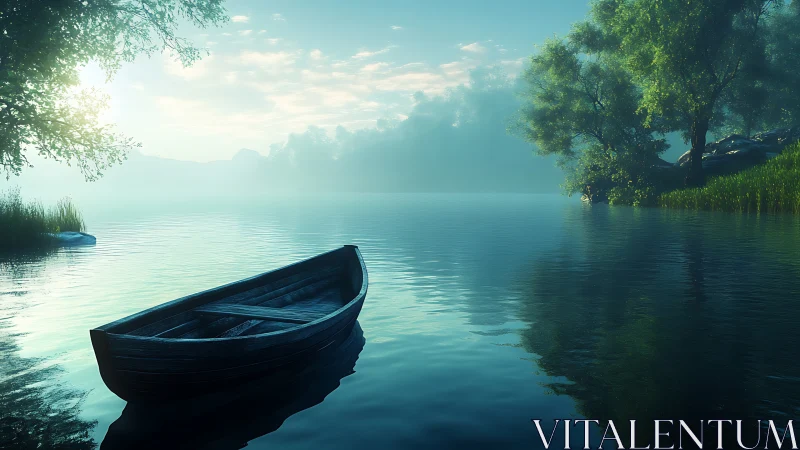 Gentle wooden boat rests on a misty, sunlit lakeshore