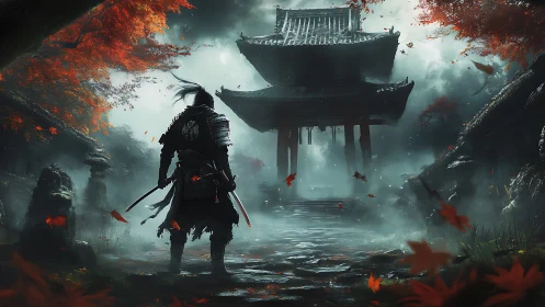 Lone samurai approaches misty temple beneath crimson maples.