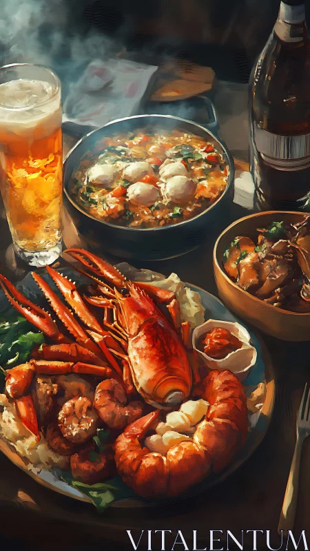 Seafood platter and beer rendered in warm digital painting