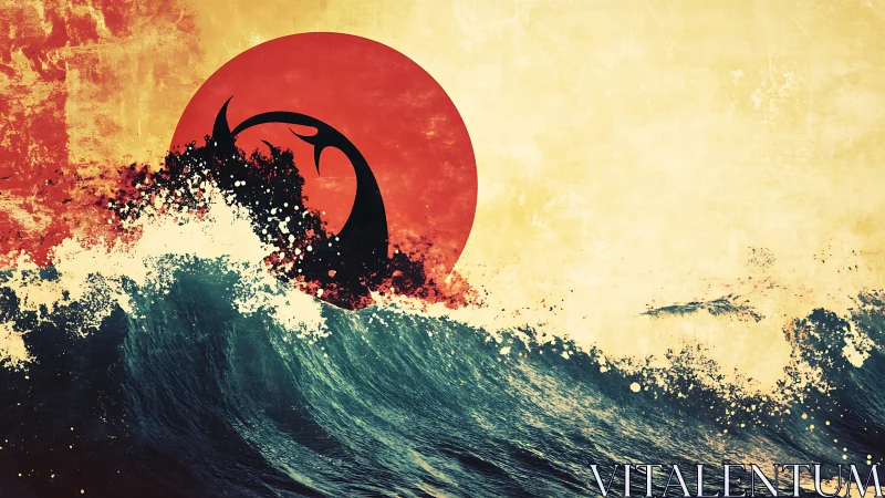 Graphic ocean wave with stylized dragon silhouette and red sun