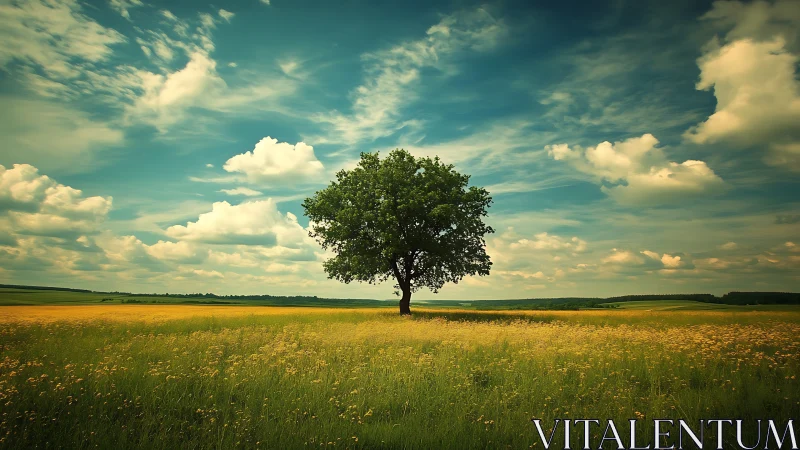 Solitary deciduous tree in wide summer grassland under sky.