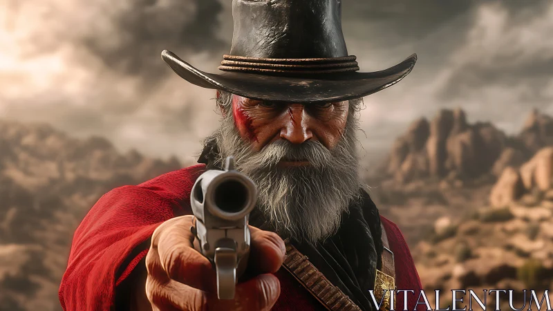 Hyperreal frontier gunslinger in shallow-depth focus standoff.