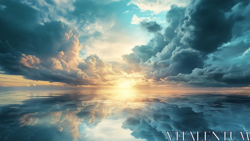Dramatic cloudscape over reflective ocean horizon at sunset.