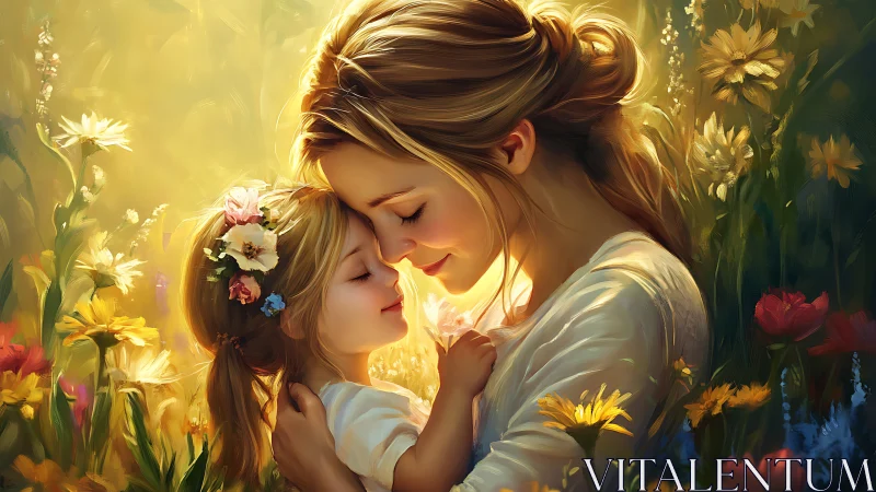 Mother and child in garden with golden light.