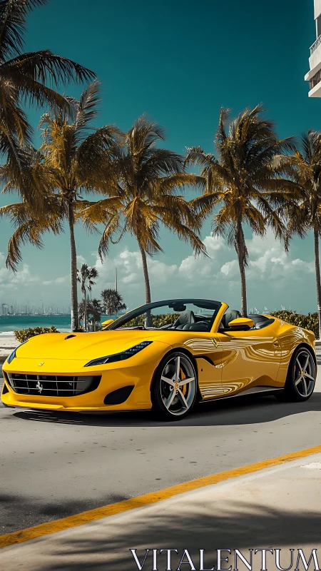 Yellow convertible supercar glides along a tropical coastal road