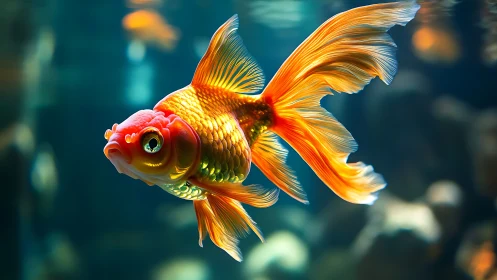 Vibrant goldfish with flowing fins in blue aquarium water.