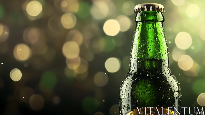 Chilled green beer bottle in bokeh-lit shallow depth scene
