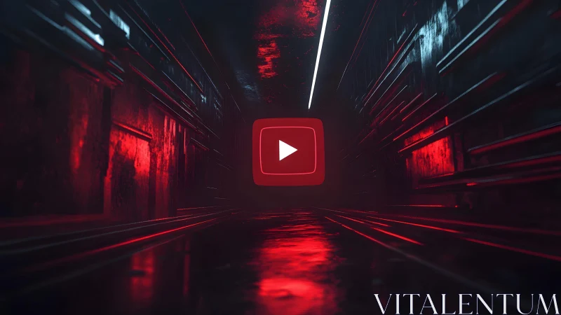 Futuristic hallway with glowing YouTube play button, cyberpunk style.