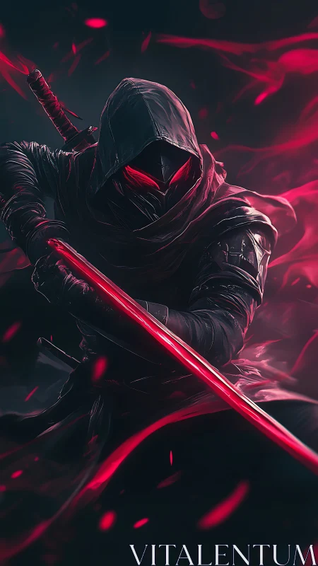 Crimson shadow ninja poised with glowing blade in stormed dusk.