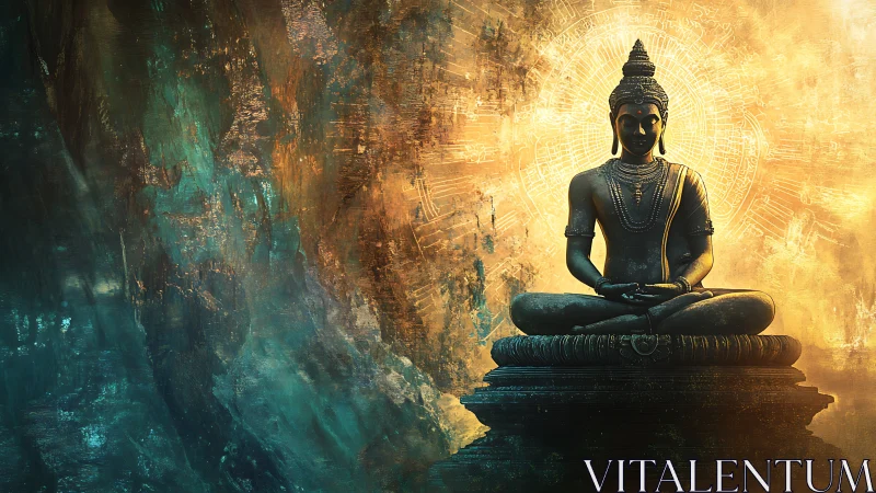 Bronze Buddha statue sits centered before radiant halo