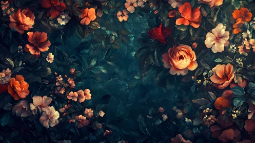Dark floral garden composition with orange roses and teal foliage