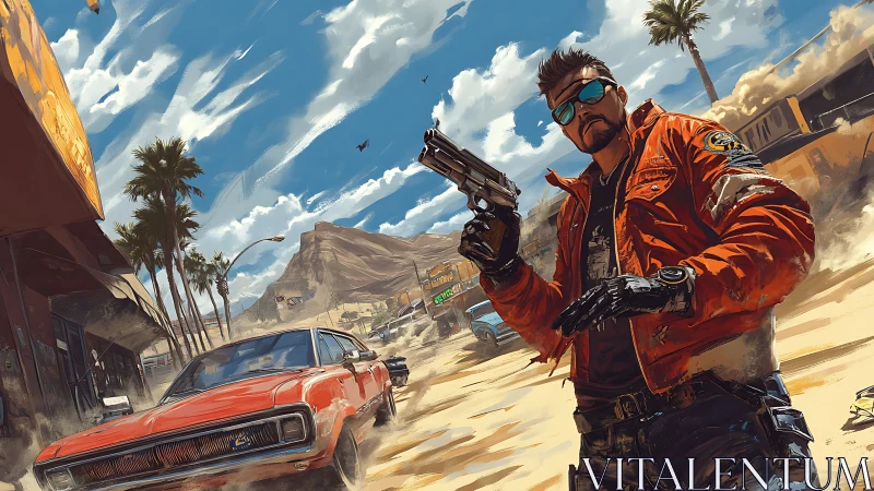 Armed cyberpunk drifter dominates sunlit desert highway scene