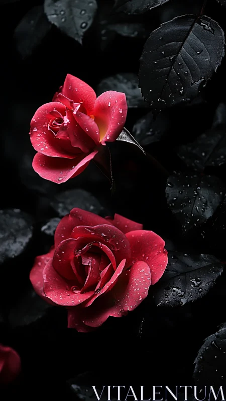 Crimson Roses Glistening in Rain and Darkness.