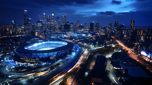 Glowing city stadium shining under a calm blue twilight sky.