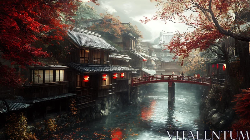 Autumnal riverside ryokan under mist with vermilion bridge.