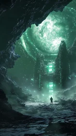 Emerald portal below colossal cosmic vortex in cavern.