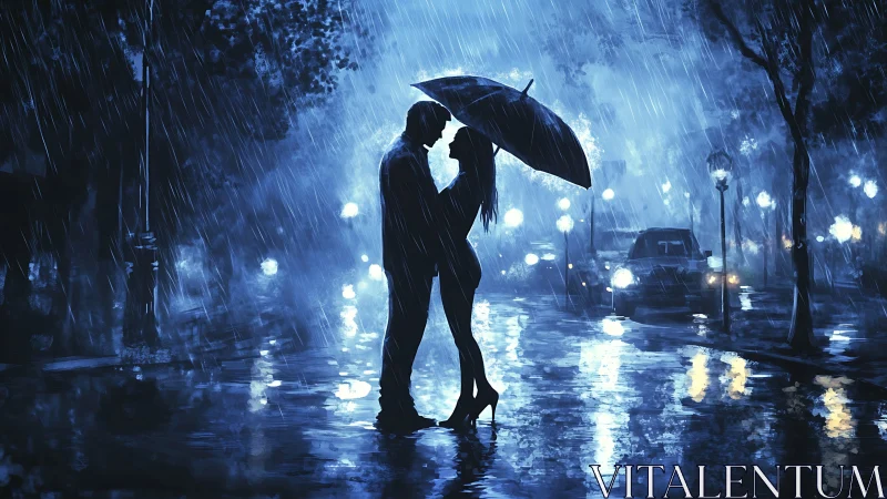 Rainy Night Romance Under Umbrella.