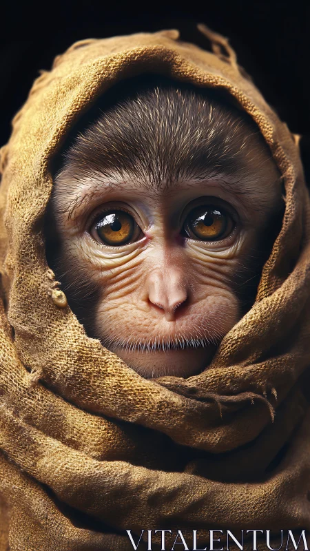 Young monkey wrapped in textured brown cloth portrait.