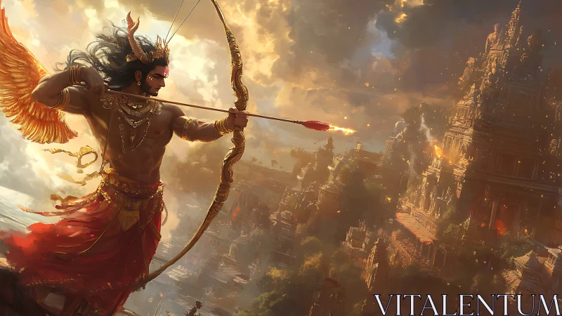Winged archer draws flaming arrow toward distant temple complex