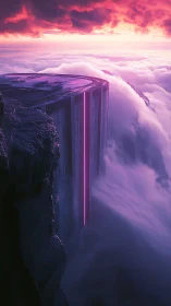 Rectangular structure extends above dense clouds at sunset