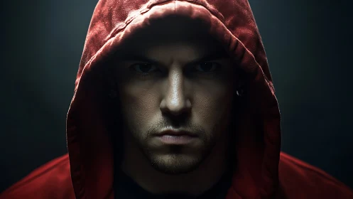 Moody hooded portrait in dramatic low key studio lighting.
