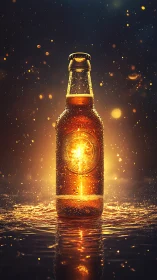 Glowing beer bottle radiates warmth in a golden splash aura