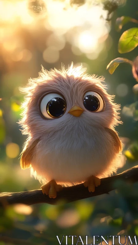 Fluffy baby bird watches forest sunrise from branch perch