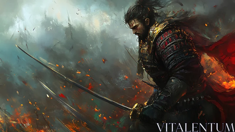 Stormlit warrior steadies his blade amid swirling embers