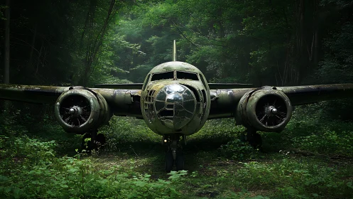 Derelict twin‑engine aircraft fuselage in dense forest.