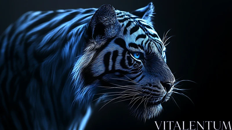 Midnight blue tiger glows softly with quiet, focused power.
