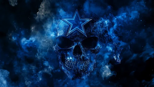 Glowing blue skull with star emblem burns through cosmic smoke