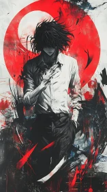 Monochrome antihero framed by red abstract eclipse halo