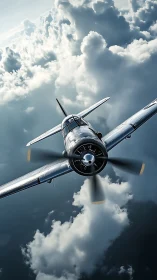 Silver stormrider prop plane knifes through sculpted clouds.