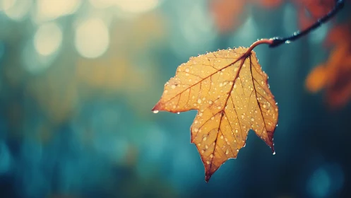 Golden autumn leaf glistening softly after gentle rain.