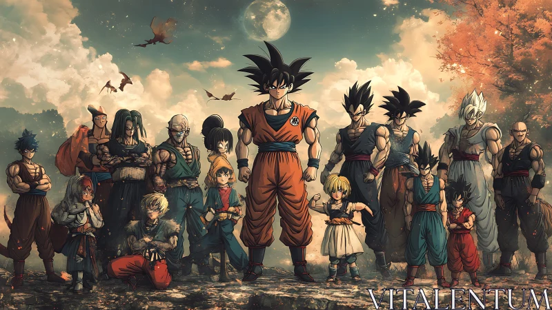 Anime warrior ensemble under moonlit autumn sky.