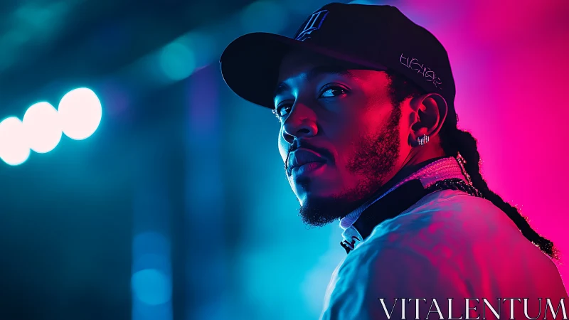 Chromatic side-lit portrait under cyan-magenta bicolor wash.