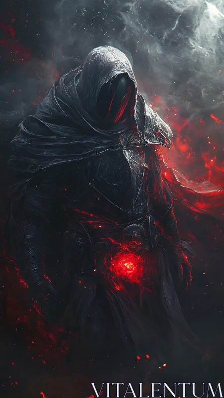 Hooded void entity channels core red energy in swirling haze